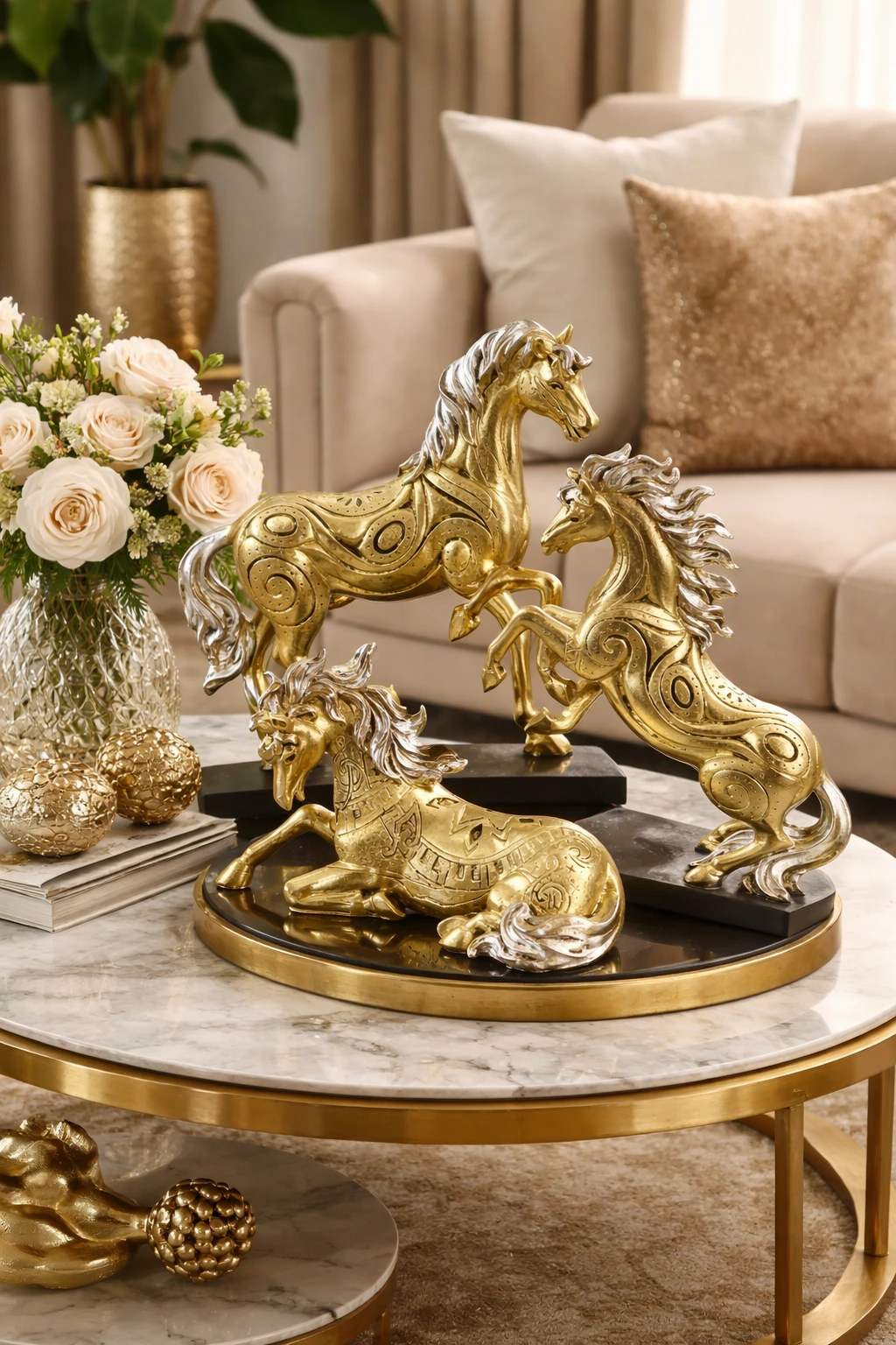 Golden Running Horses Resin Showpiece for Home Decor and Vastu